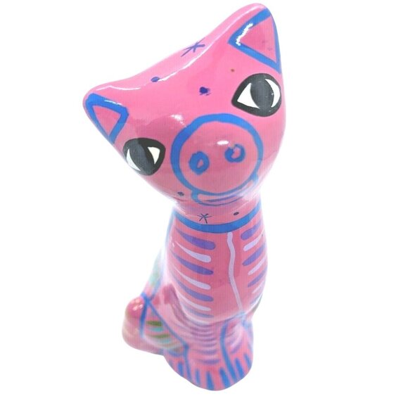 Talavera Pink Ceramic Cat Handmade & Painted Mexican Folk Art Huichol Alebrijes - Picture 3 of 8